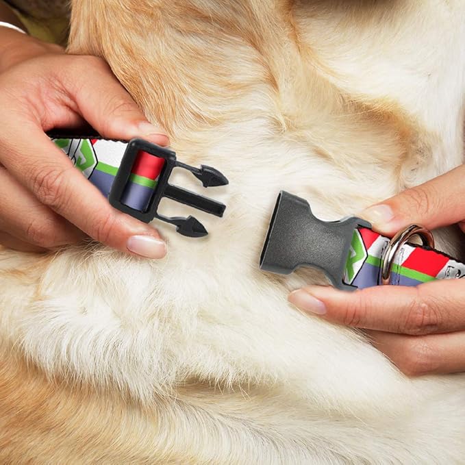 Dog Collar Plastic Clip Toy Story Buzz Lightyear Bounding Stripe Red Green Purple 13 to 18 Inches 1.5 Inch Wide