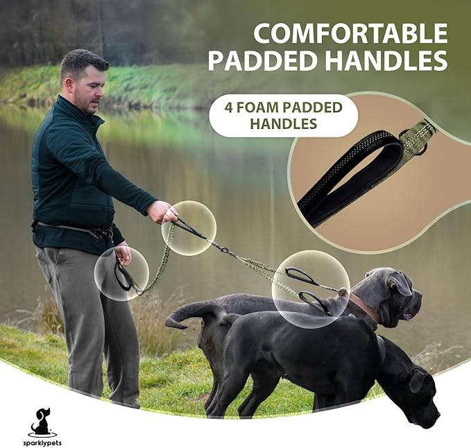 SparklyPets Hands Free Double Dog Leash – Dual Dog Leash for Medium and Large Dogs – Dog Leash for 2 Dogs with Padded Handles, Reflective Stitches, No Pull, Tangle Free (Green Range, for 2 Dogs)
