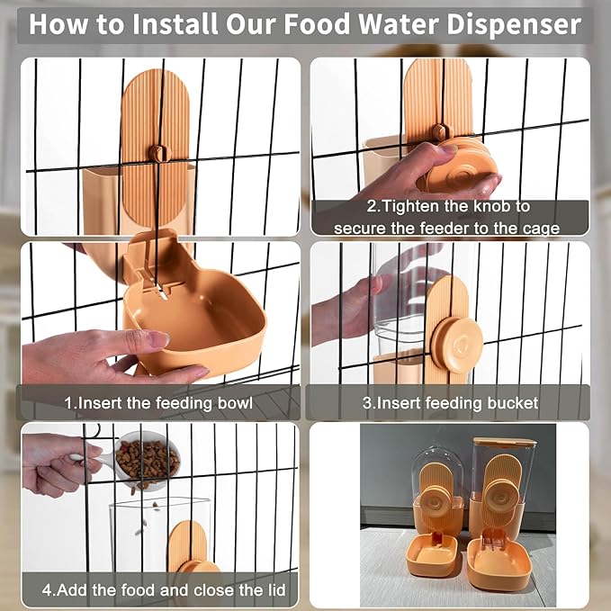 Hanging Automatic Rabbit Feeder for Cage,Small Animal Food and Water Dispenser,Rabbit Water Bottle,Guinea Pig Food Bowl Water Dispenser,Gravity Feeder and Waterer for Cats Dogs (Orange)