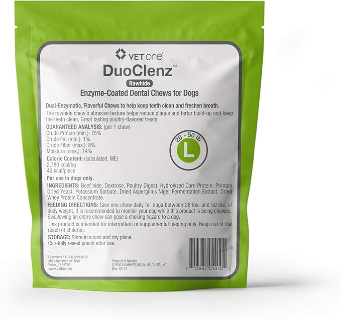 Vet One DuoClenz Enzyme Coated Dog Dental Chews for Large Dogs - Veterinarian Formulated - 30 Count