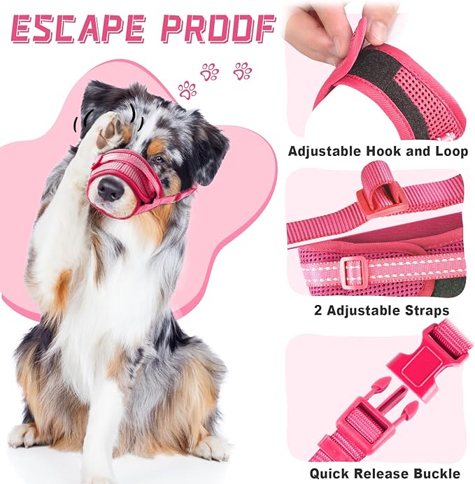 Dog Muzzle Soft Air Mesh Muzzle for Large Dogs, Adjustable Pet Muzzle for Small Medium Dogs to Drink Normally, Breathable Reflective Muzzle for Dogs to Prevent Biting Barking(Pink,XL-2)