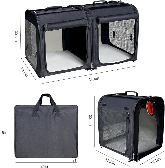 Large Cat Carrier,Cat Travel Carrier with Litter Box,Double Cat Carrier for 2 Cats and Medium Dog,Portable 2-in-1 Dog Compartment Travel Crate House with Foldable Bowl/Mats/Tent Stakes