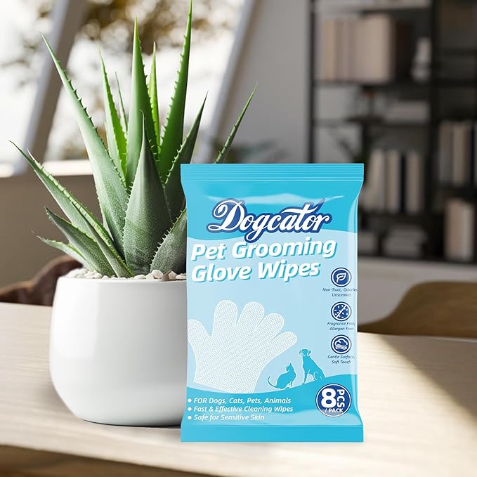 Dog Glove Wipes for Cleaning Paws Butt | Pet Grooming Deodorizing Dog Ear Glove Wipes | Fragrance Free Natural Puppy Glove Wipes | Soothes Itchy Dry Skin | 8 Count