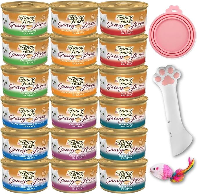 Fancy Feast Wet Cat Food Gravy, Grain Free Chicken Hearts & livers, Turkey, Beef and Seafood Variety Bundle (Pack of 18) 3oz. Cans & 1 Exclusive kit (1x can Sealer, 1x can Opener, 1x Mouse Toy)