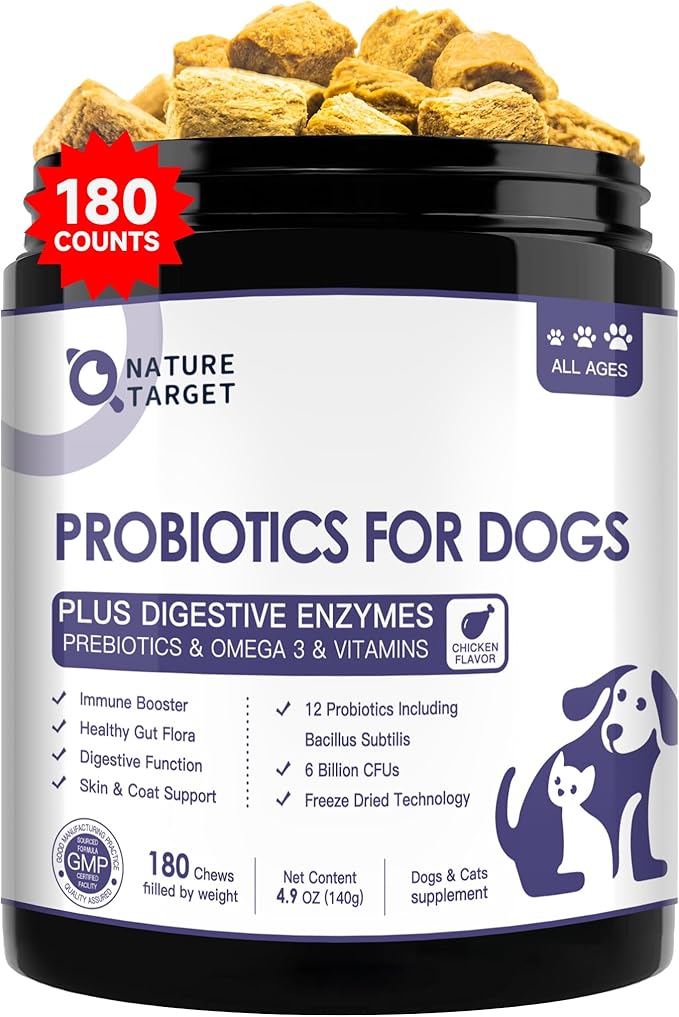 Probiotics for Dogs, 6 Billion CFUs, Freeze Dried Dog Probiotics with Prebiotics and Enzymes for Diarrhea, Gas, Vitamins and Omega 3 for Skin & Immune Health, Allergy Itch Relief, 180 Count