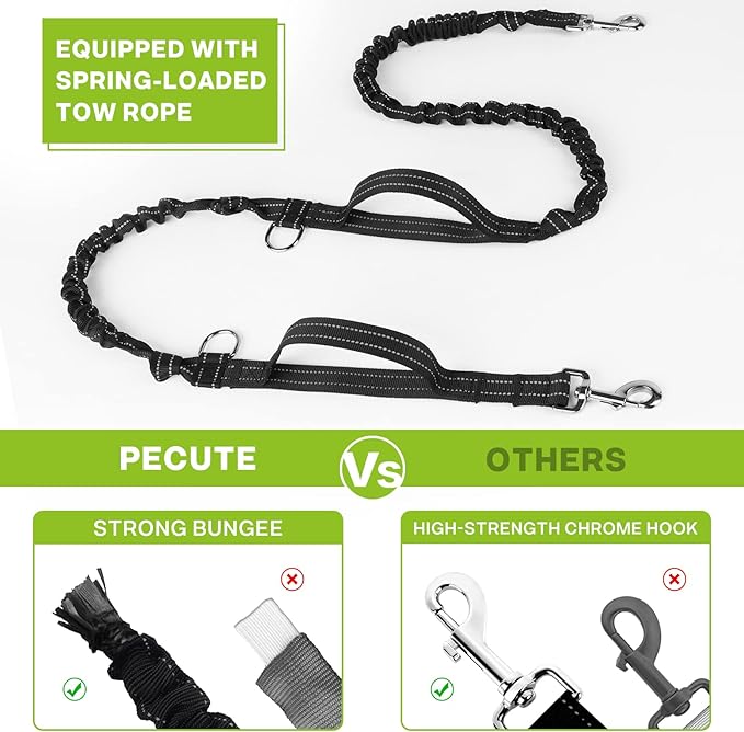 Pecute Hands Free Dog Leash Upgraded with Treat Pouch, Running Leash for Dogs, Waist Leash for Dog Walking Hiking, Durable 4 Bungees, Dual Handles, Night Reflective Safety
