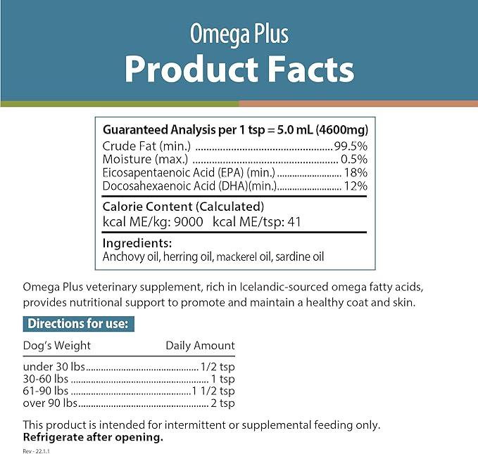 JustFoodForDogs Omega Plus Premium Fish Oil for Dogs Omega 3 Supplement, Liquid, 8 oz