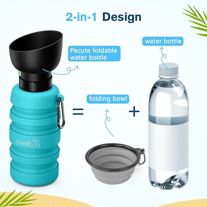 Pecute Dog Water Bottle Portable, 29oz Dog Foldable Water Bottle with Folding Bowl, Carabiner Clip, 5 Levels Capacity, 100% Food Grade Silicone, Dog Water Bottle for Outdoor Walking, Hiking, Travel