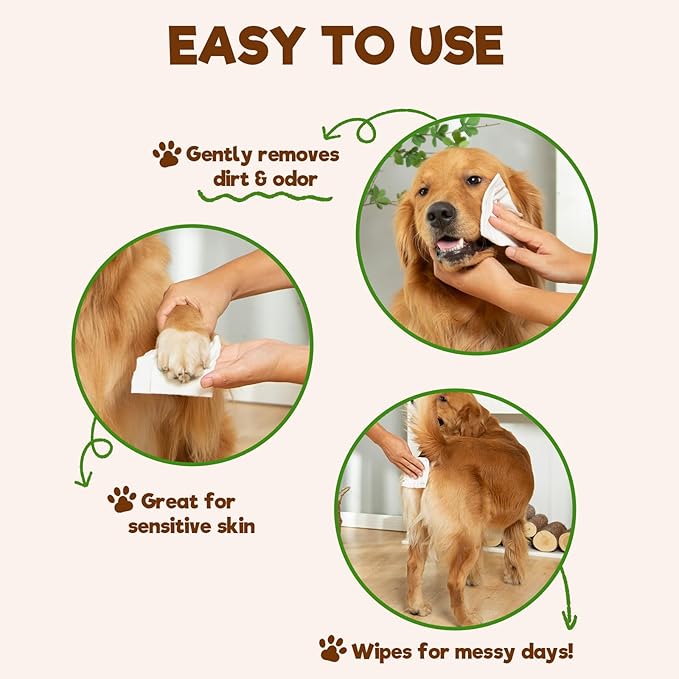 Dog Wipes for Paws and Bum, Plant Based Pet Grooming Wipes Natural and Gentle, 100 Wipes for Cleaning & Grooming Fragance-Free, Pet Wipes for Dog