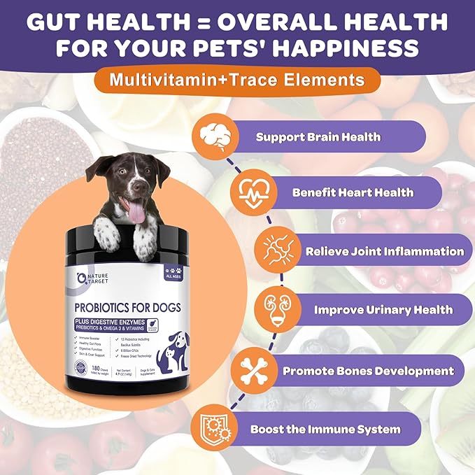 Probiotics for Dogs, 6 Billion CFUs, Freeze Dried Dog Probiotics with Prebiotics and Enzymes for Diarrhea, Gas, Vitamins and Omega 3 for Skin & Immune Health, Allergy Itch Relief, 180 Count