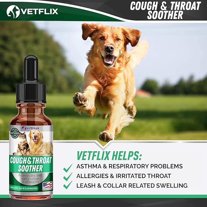 Kennel Cough, Allergy Relief & Natural Respiratory Support - Throat Soother Supplement for Dogs and Cats - Made in USA - Mullen Leaf & Elderberry Blend - Easy Add to Food - 2 Fl.Oz.