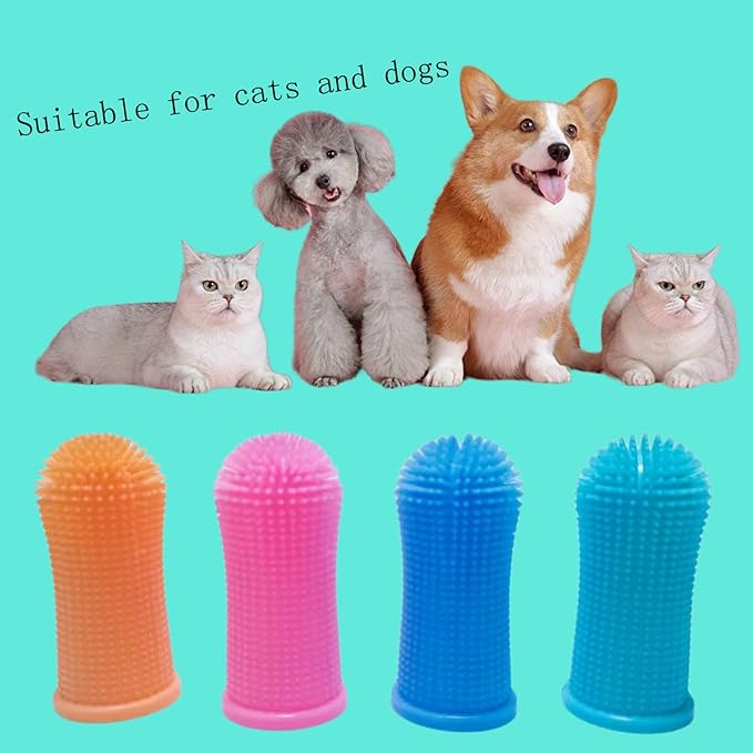 360º Dog Fingerbrush Toothbrush Kit (4-Pack) Ergonomic Design, Full Surround Bristles For Easy Teeth Cleaning, Dental Care For Puppies, Cats And Small Large Breed Pets, Blue Orange Pink Light Blue