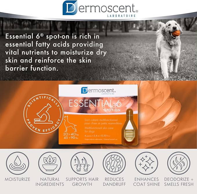 Dermoscent Essential 6 spot-on - Dog Skin Care for Dandruff & Allergy Relief with Vitamin E Oil - Anti Itch for Dogs - Natural Ingredients for Sensitive Skin - Dogs 20-40 kg - 4 Pipettes of 2.4 ml