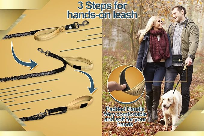 SparklyPets Hands Free Dog Leash for Medium and Large Dogs – Professional Harness with Reflective Stitches for Training, Walking, Jogging and Running Your Pet (Premium Gold Champagne, for 1 Dog)