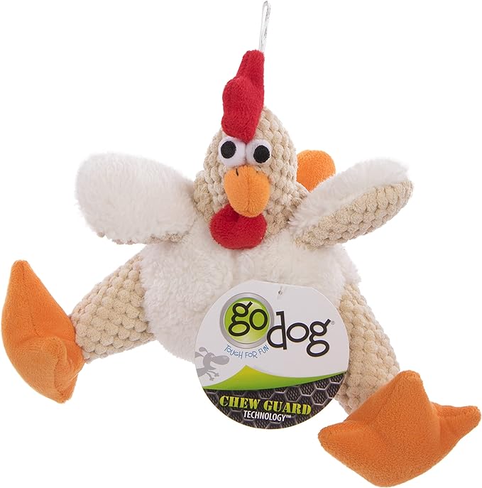 goDog Checkers Fat Rooster Squeaky Plush Dog Toy, Chew Guard Technology - White, Small