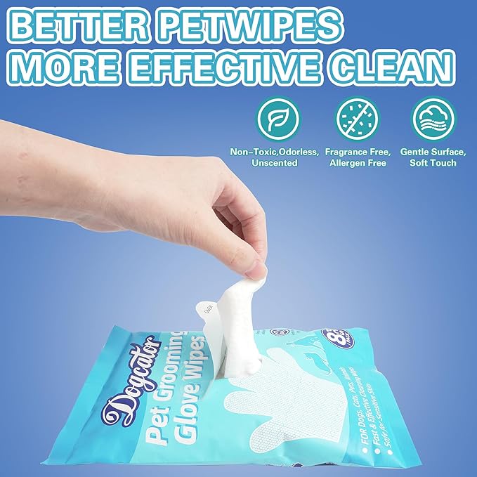 Dog Glove Wipes for Cleaning Paws Butt | Pet Grooming Deodorizing Dog Ear Glove Wipes | Fragrance Free Natural Puppy Glove Wipes | Soothes Itchy Dry Skin | 8 Count