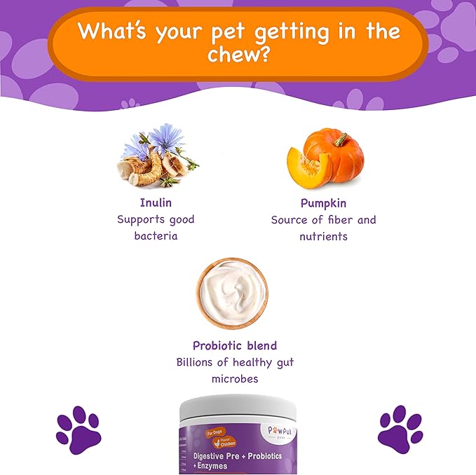 Digestive Supplements for Dogs, Vitamins, Inulin - Beneficial Bacterial Balance, Fiber, Probiotics - Healthy Gut Microbes, Bowel, Intestinal, Immune Support, Proper Solids Elimination
