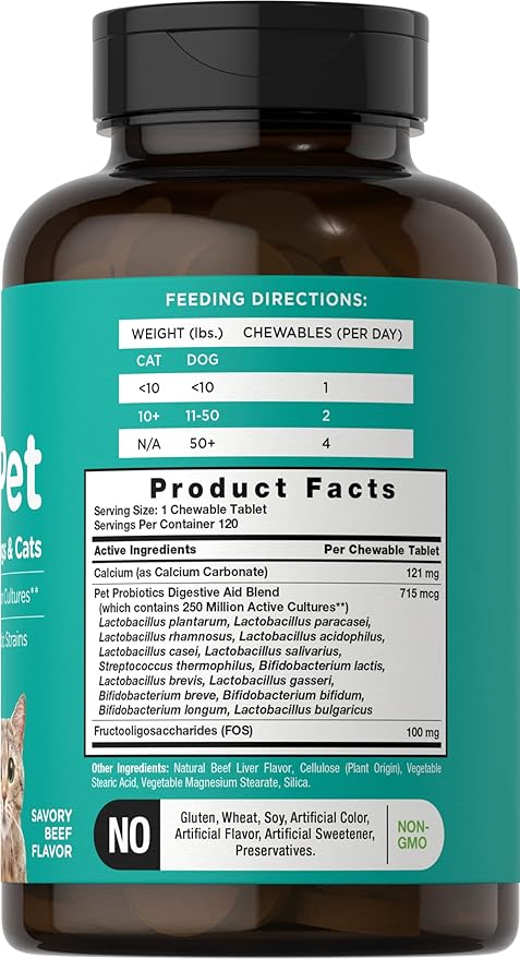 Horbäach Probiotics for Dogs & Cats | 120 Chewable Tablets | Digestive Aid | with 14 Probiotic Strains | Savory Beef Flavored Pet Supplement | by River & Rula