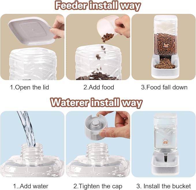 Automatic Dog Cat Gravity Feeders Water Bowl Dispenser Cat Water Fountain Large Capacity 3.8L,1 Gallon Large Capacity for Small Medium Pets (Grey)