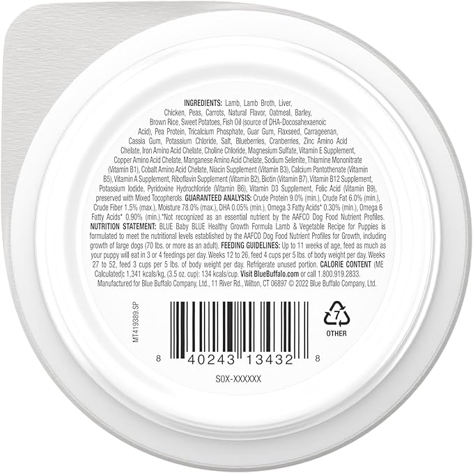 Blue Buffalo Baby BLUE Natural Puppy Wet Dog Food, Healthy Growth Formula with DHA, Lamb and Vegetable Recipe, 3.5-oz. Cups (12 Count)