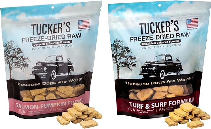 Tucker's Raw Frozen Freeze Dried Raw Dog Food, Salmon & Pumpkin Formula and Turf & Surf Formula, Fish Variety Pack of 2