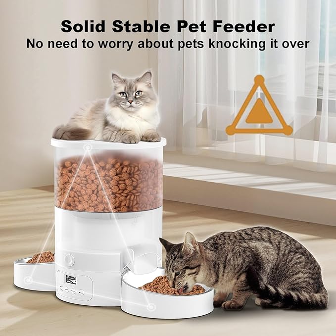 Automatic Cat Feeder for 2 Cats, 3L Cat Food Dispenser SURDY Auto Cat Feeder with 2 Stainless Bowls, 10s Meal Call Dual Power Supply and Timer Setting 12 Portions 6 Meals Per Day for Cats and Dogs