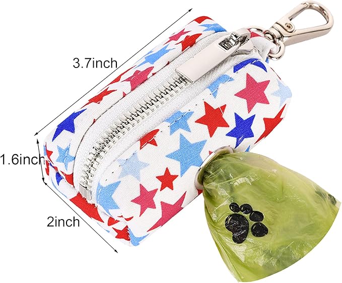 ARING PET Dog Waste Bag Dispenser, Cotton Doggy Poop Bags Holders Attach to Any Leashes, Portable Washable American Flag Pet Waste Pouch Dispenser with Metal Zipper