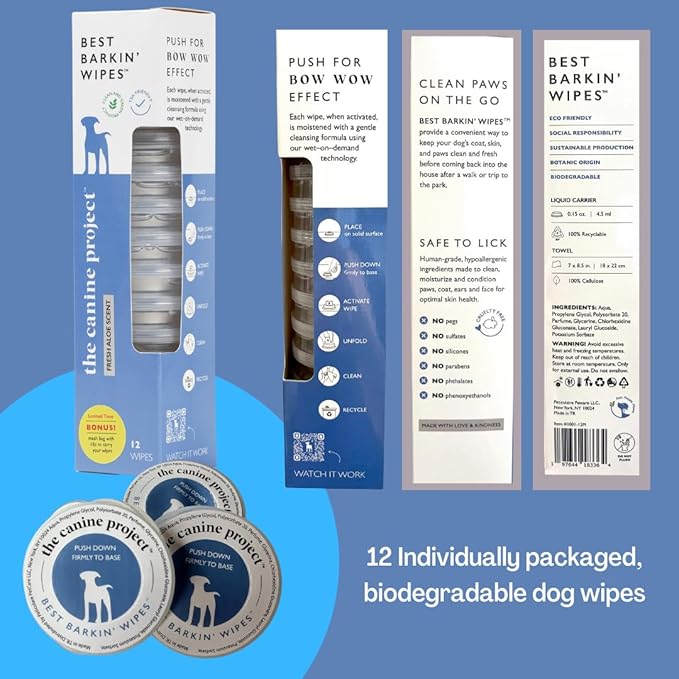 Best BARKIN' Wipes with Free Mesh Bag, Dog Wipes for Paws Ears and Butt, Micellar Aloe Scented Travel Friendly Puppy Wipes (12-Pack)