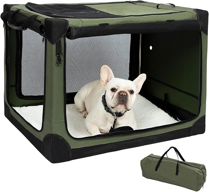 30 Inch Stainless Steel Collapsible Dog Crate - Soft Dog Crates for Medium Dogs, 4-Door Soft Sided Dog Kennel, Portable Foldable Travel Crate with Durable Mesh, Indoor & Outdoor, Olive Green