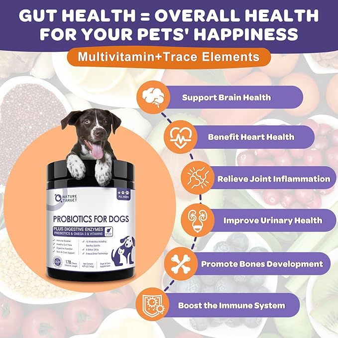 Probiotics for Dogs, 6 Billion CFUs, Freeze Dried Dog Probiotics with Prebiotics and Digestive Enzymes, Vitamins and Omega 3, for Gut & Skin & Immune Health, Allergy Itch Relief, Reduce Diarrhea, Gas