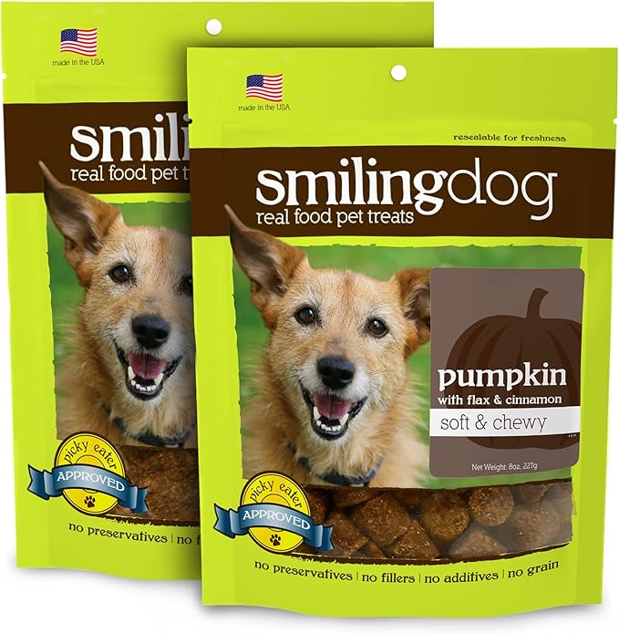 Herbsmith Smiling Dog Treats - Soft and Chewy Dog Treats for Senior Dogs - Dog Training Treats - Dog Treats with Pumpkin, Flax & Cinnamon - Bundle of 2