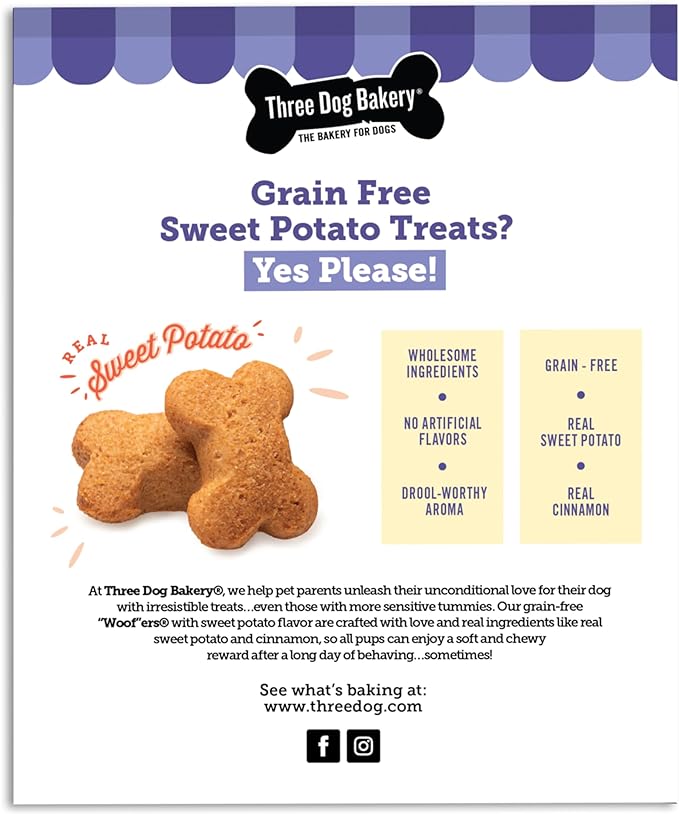 Three Dog Bakery Grain Free Wafers Baked Dog Treats, Sweet Potato, 13 oz