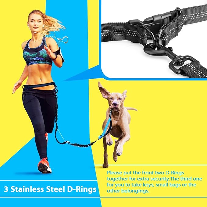 Hands Free Dog Running Leash with Adjustable Waist Belt, Dual Handle Elastic Bungees Retractable Rope for Medium and Large Dogs, Reflective Stitches for Walking Hiking Biking