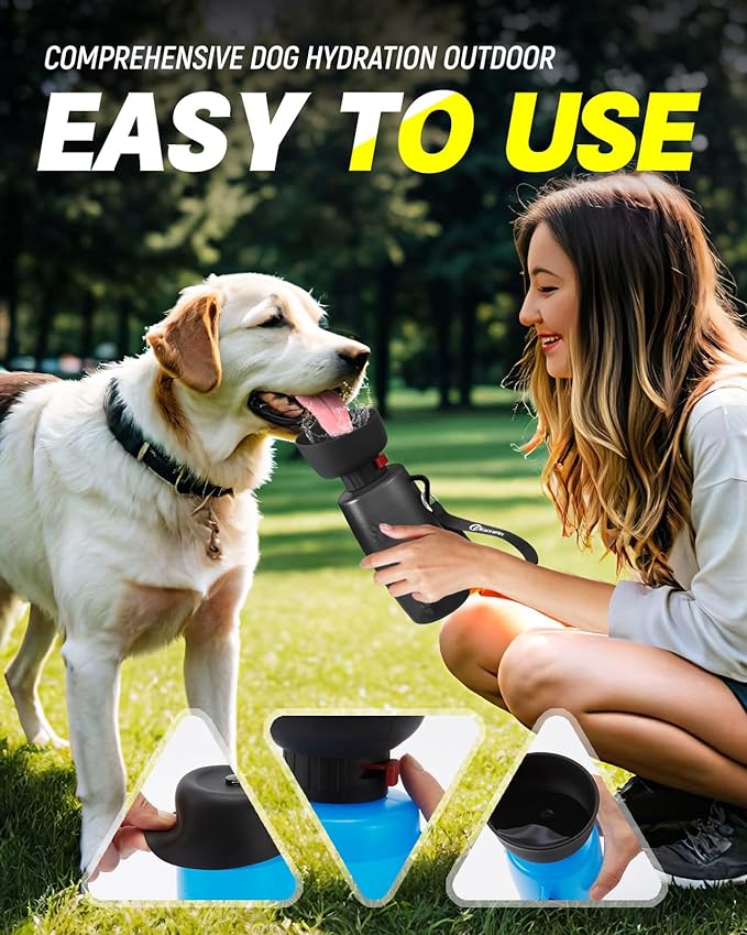 Dog Water Bottle Portable, 28oz Dog Travel Water Bottles, Patented, Leak-proof Pet Water Dispenser for Outdoor Walking, Hiking, Food Grade Silicone, Black