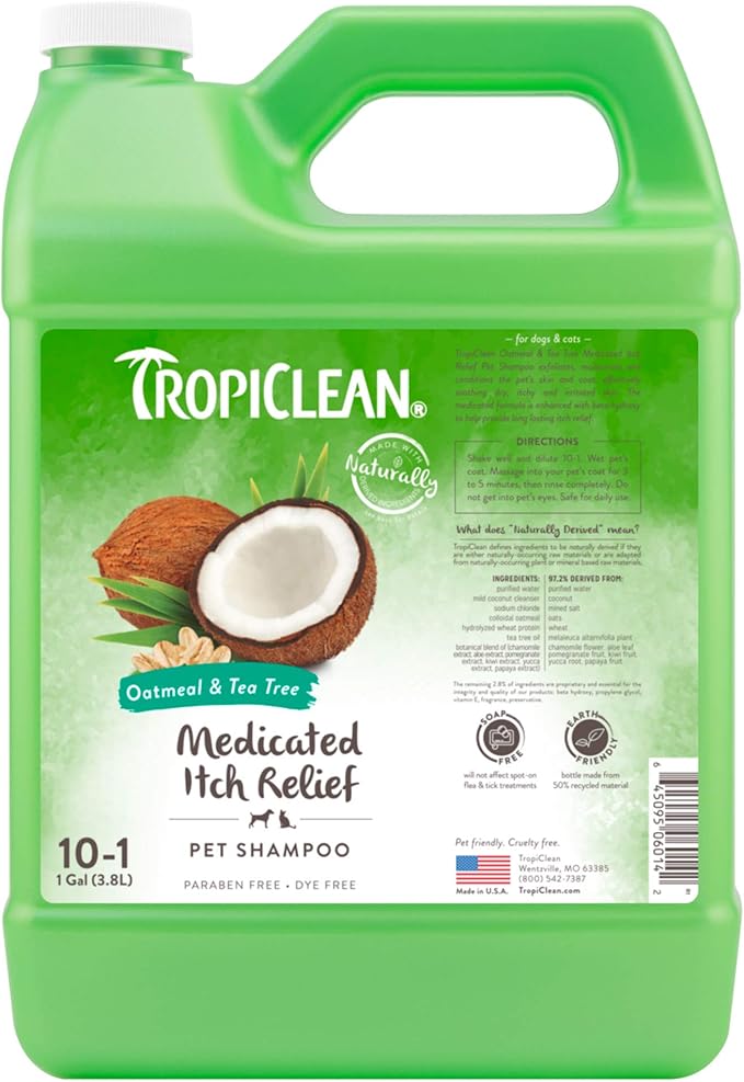 TropiClean Medicated Dog Shampoo for Allergies and Itching | Tea Tree & Oatmeal Dog Shampoo for Sensitive Skin | Natural Pet Shampoo Derived from Natural Ingredients | Made in the USA | 1 gallon