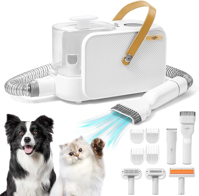 2.0L Dog Grooming Kit, Pet Grooming Kit & Vacuum Suction 99% Pet Hair Groomer, Professional Grooming Clippers with 5 Proven Grooming Tools for Dogs Cats, Quiet Pet Vacuum Groomer (White)