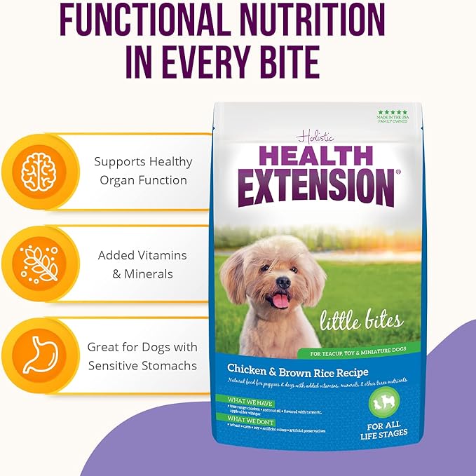 Health Extension Little Bites Dry Dog Food, Natural Food with added Vitamins & Minerals, Suitable for Teacup, Toy & Small Dogs, Chicken & Brown Rice Recipe (1 Pound / 0.4 Kg)