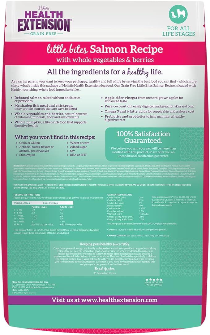 Health Extension Grain Free Little Bites for Dogs, Natural Food with Added Vitamins & Minerals, Perfect for Teacup, Toy & Small Dogs, Salmon Recipe with Whole Vegetables & Berries(12lb Bag)