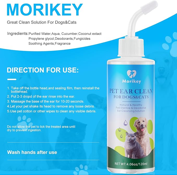 Pet Ear Cleaner Solution & Infection Treatment for Dogs & Cats, Natural Pet Cleanser Drops Helps Eliminate Odor Relieve Infections and Soothe Itchiness - 4.06oz/120ml