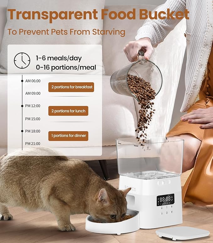 Automatic Cat Feeder,8Cups ROJECO Cat Food Dispenser with Timer,Portion Control Automatic Pet Feeder,Easy Set Up Indoor Use with Stainless Steel Bowl