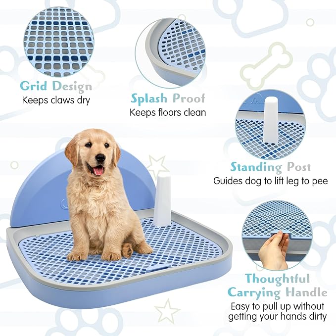 PINVNBY Dog Potty Toilet with Wall Column, Indoor Pet Dog Training Toilet Potty Tray, Portable Training Pee Pads Holder, Removable Mesh Dog Litter Box for Dogs (18.11 x 14.76 inches, M)