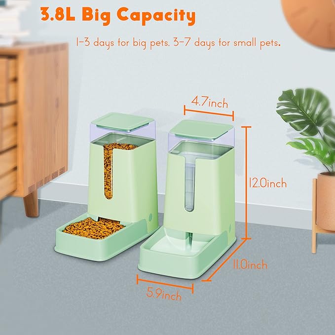 Automatic Cat Feeder and Cat Water Dispenser in Set 2 Packs Automatic Dog Feeder and Dog Water Dispenser 1 Gallon for Small Medium Big Dog Pets Puppy Kitten (green)