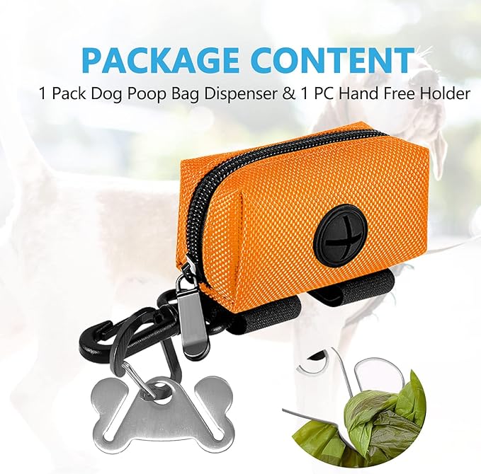 Dog Poop Bag Holder for Leash Attachment Dog Poop Bag Dispenser Dog Waste Bag Dispenser for Leash Accessory Portable Set Fit Dog Leash - Dog Poop Bags Holder & 1 Hand Free Holder Metal Carrier, Orange