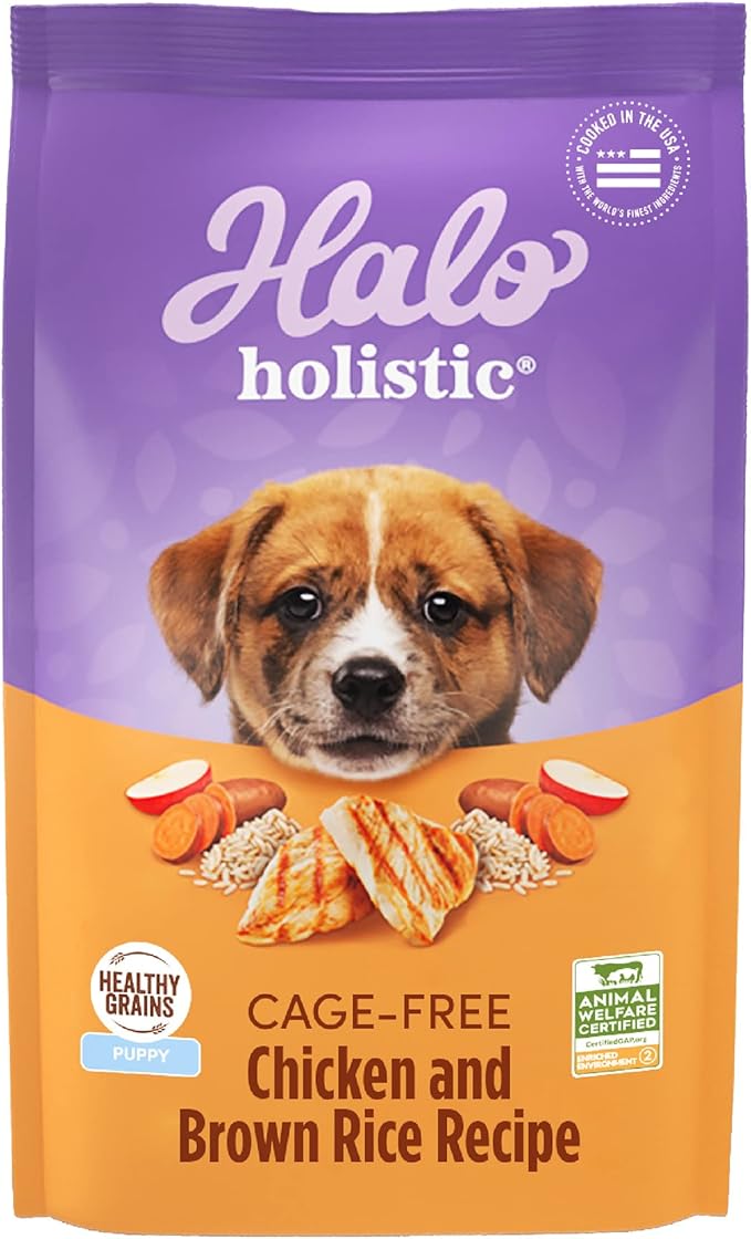 Halo Purely for Pets Holistic Dog Food, Complete Digestive Health Cage-Free Chicken and Brown Rice Recipe, Dry Dog Food Bag, Puppy Formula, 3.5-lb Bag