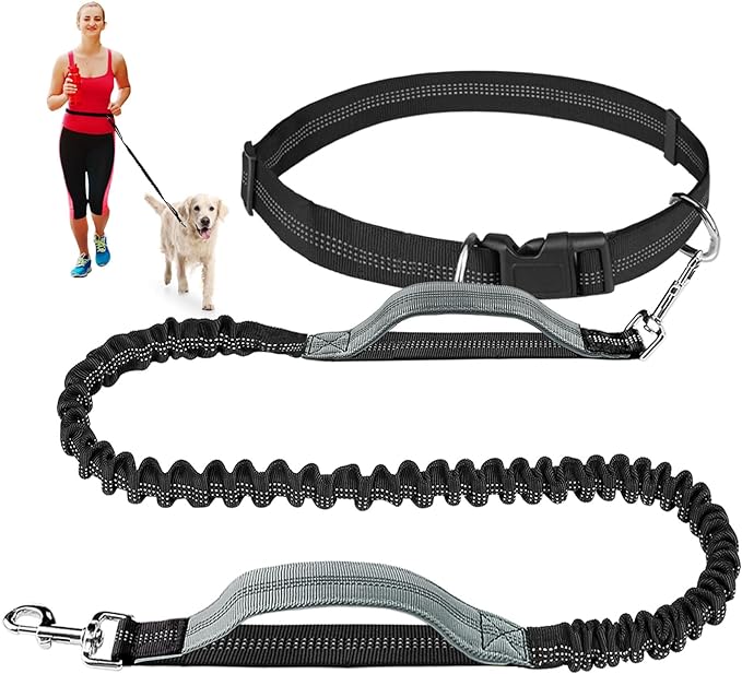 Hands Free Dog Leash, Waist Dog Running Leash for Medium to Large Dogs, Retractable Bungee Hands Free Leash for Walking Jogging Training Hiking, Adjustable Waist Belt, Dual Handle