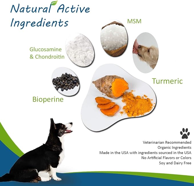 Natural Dog Hip & Joint Supplement for Dogs Arthritis Pain Relief. Turmeric Curcumin with Black Pepper for Anti Inflammatory. Tumeric MSM Glucosamine Chondroitin for Dogs Healthy Joints - 90 Chews
