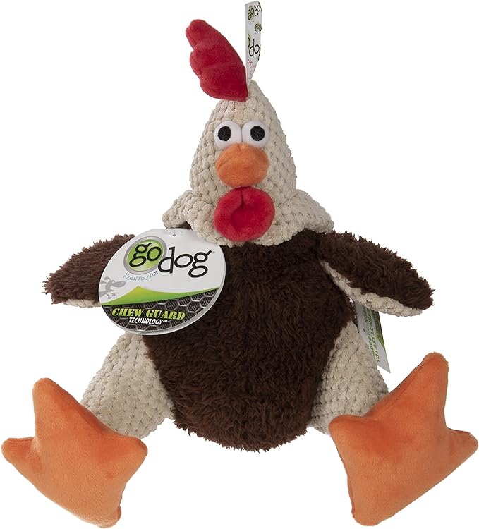 goDog Checkers Fat Rooster Squeaky Plush Dog Toy, Chew Guard Technology - Brown, Large