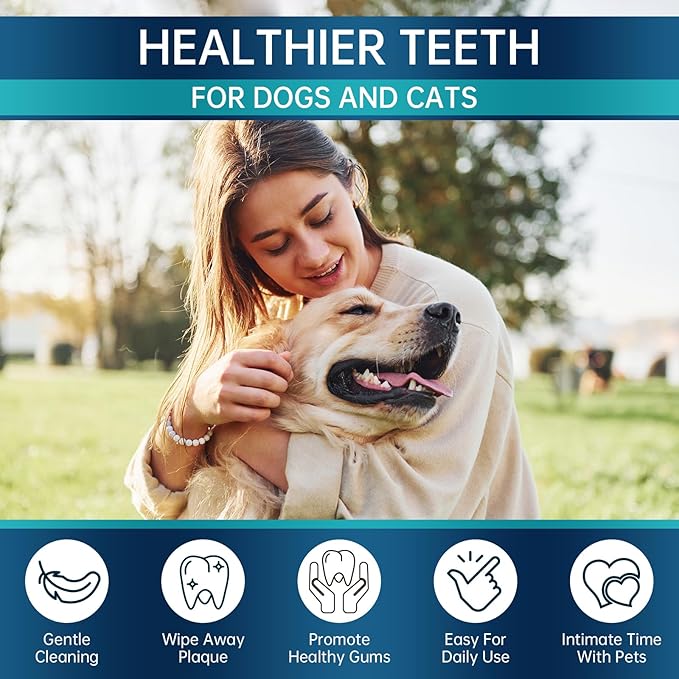 Teeth Cleaning Wipes for Dogs & Cats, 120 Counts Dental Wipes for Reducing Plaque & Tartar for Cats and Dogs, Disposable Gentle Breath Freshener Dental and Gum Care Finger Pet Wipes