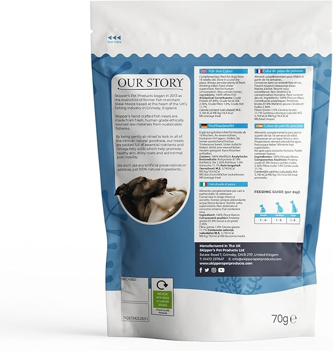 SKIPPER'S Cod Fish Skin Small Jerky Cubes - Gently Air Dried Single Ingredient Cod Skin Dog Treats, Rich in Omega 3 & Grain Free Crunchy Bites, Hypoallergenic & Gluten Free | Great for Teeth (2.5 Oz)