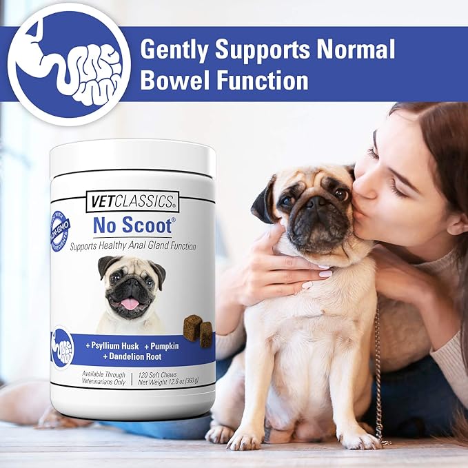 Vet Classics No Scoot Dog Supplements for Healthy Anal Gland Function – Support Normal Bowel Functions, Anal Glands – Increases Daily Fiber Intake for Dogs – 120 Soft Chews